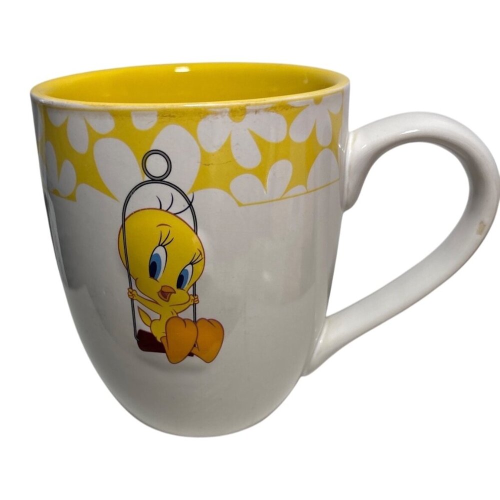 Tweety Bird Ceramic Coffee Mug Yellow Interior & Floral Design 12 Oz By Tindex